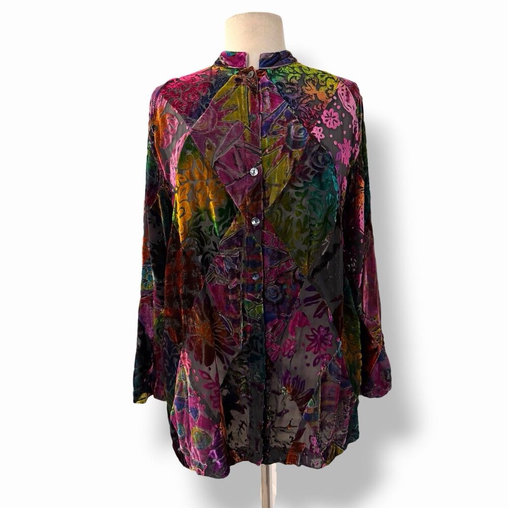 VTG Chico's Whimsigoth Velvet Silk Burnout Patchwork Blouse Boho  Artsy Top 0